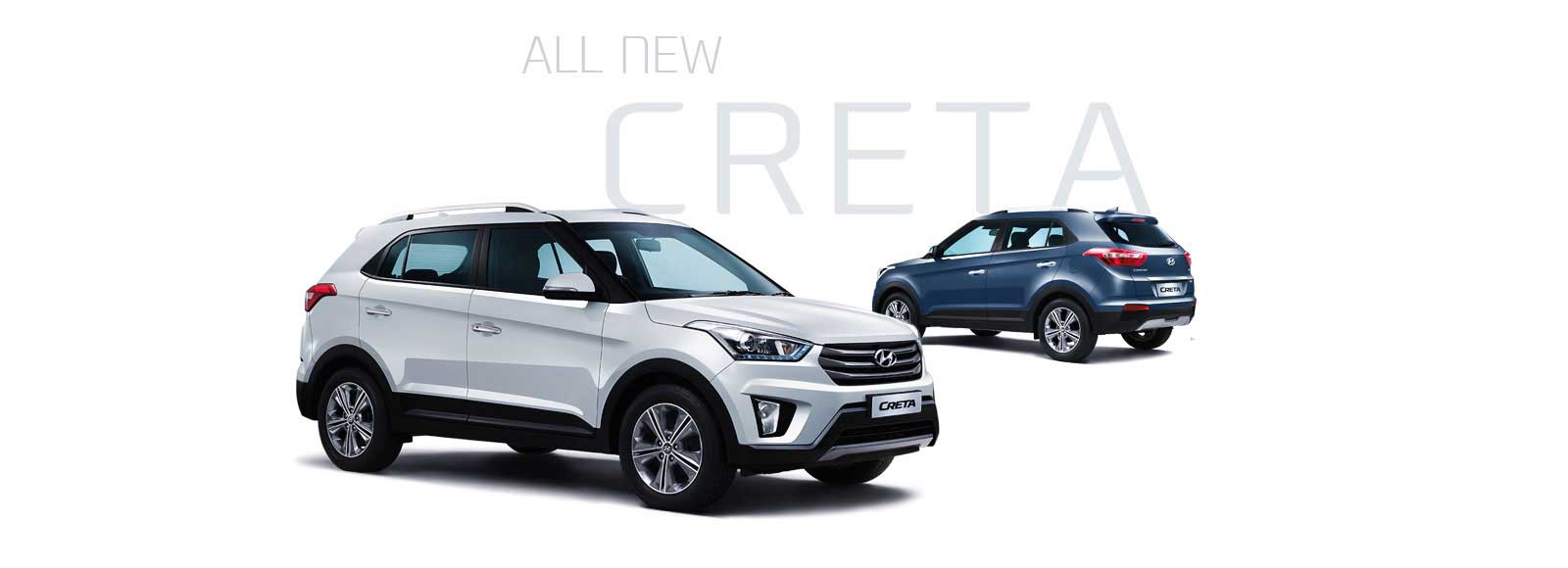 Side view of white Creta in front and navy Creta parked behind with the text All-New-Creta on the background